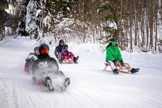 A group of tobogganists on the toboggan run in winter A group of tobogganists on the toboggan run in winter