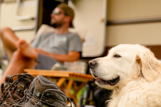 Dog in front of camper with hiking boots next to it. Active vacation with your dog at Allweglehen Dog in front of camper with hiking boots next to it. Active vacation with your dog at Allweglehen