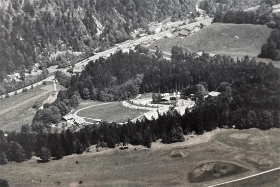 Black and white picture, earlier view of the campsite from above