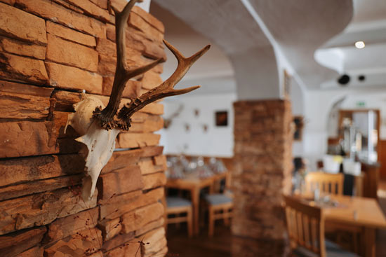 Detail of the deer antlers, in the background the restaurant area Detail of the deer antlers, in the background the restaurant area