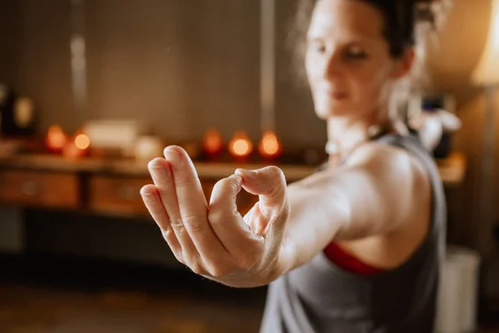 Close-up of a yoga pose in the relaxation room.