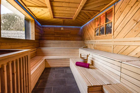 Sauna area with many wooden details Sauna area with many wooden details