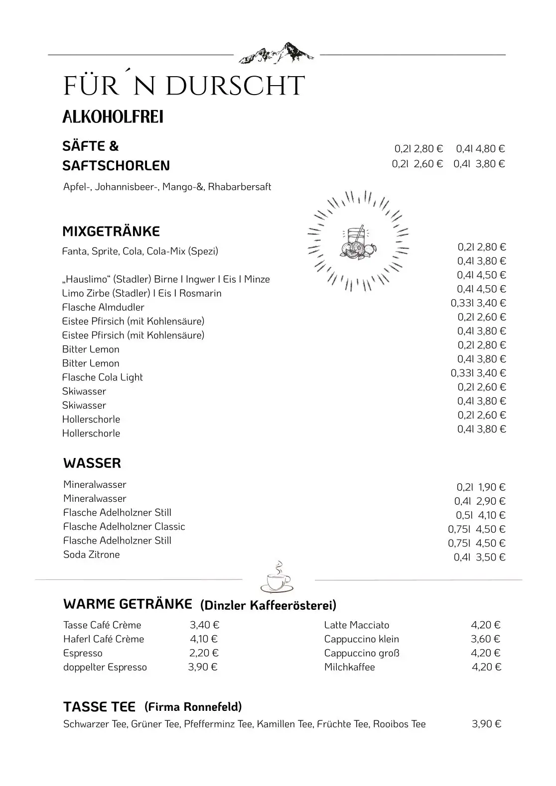 Getränkekarte Camping Allweglehen, Seite 3 mit Übersicht der angebotenen Getränke