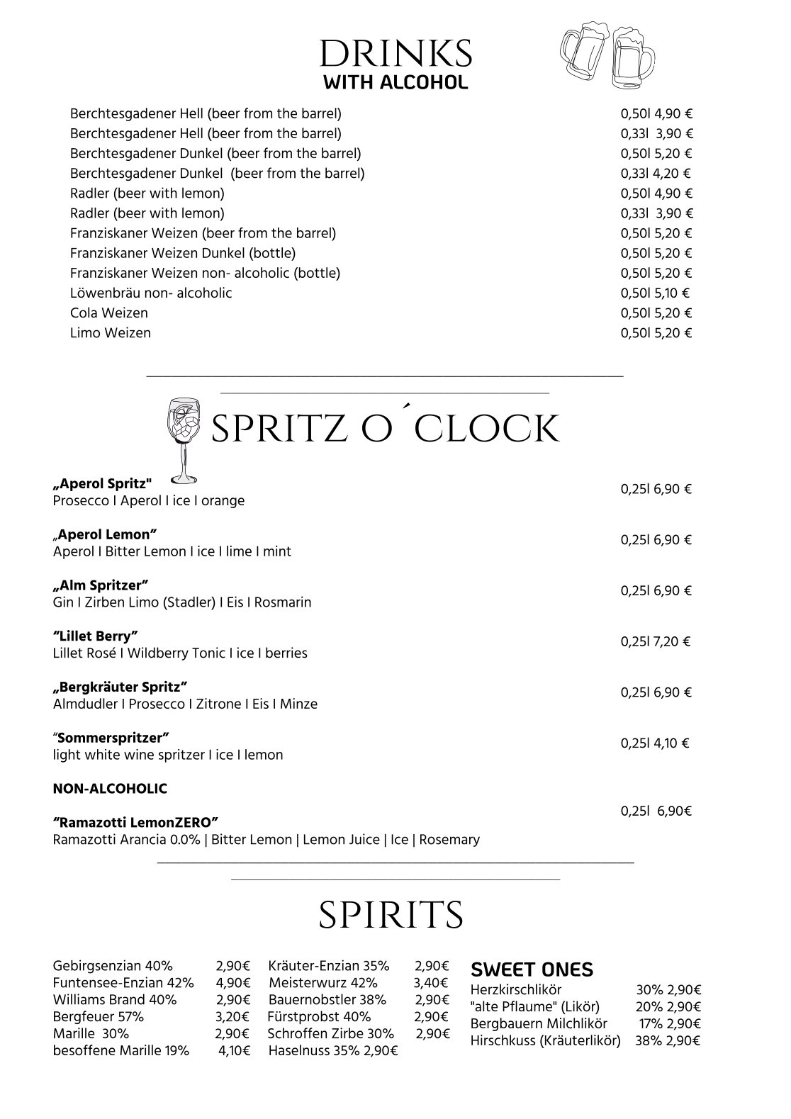 Drink menu of Camping Allweglehen, page 1 with an overview of available beverages