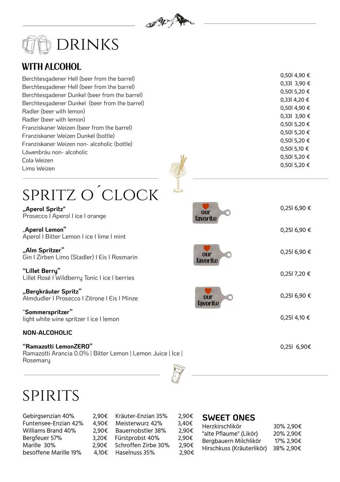 Drink menu of Camping Allweglehen, page 1 with an overview of available beverages