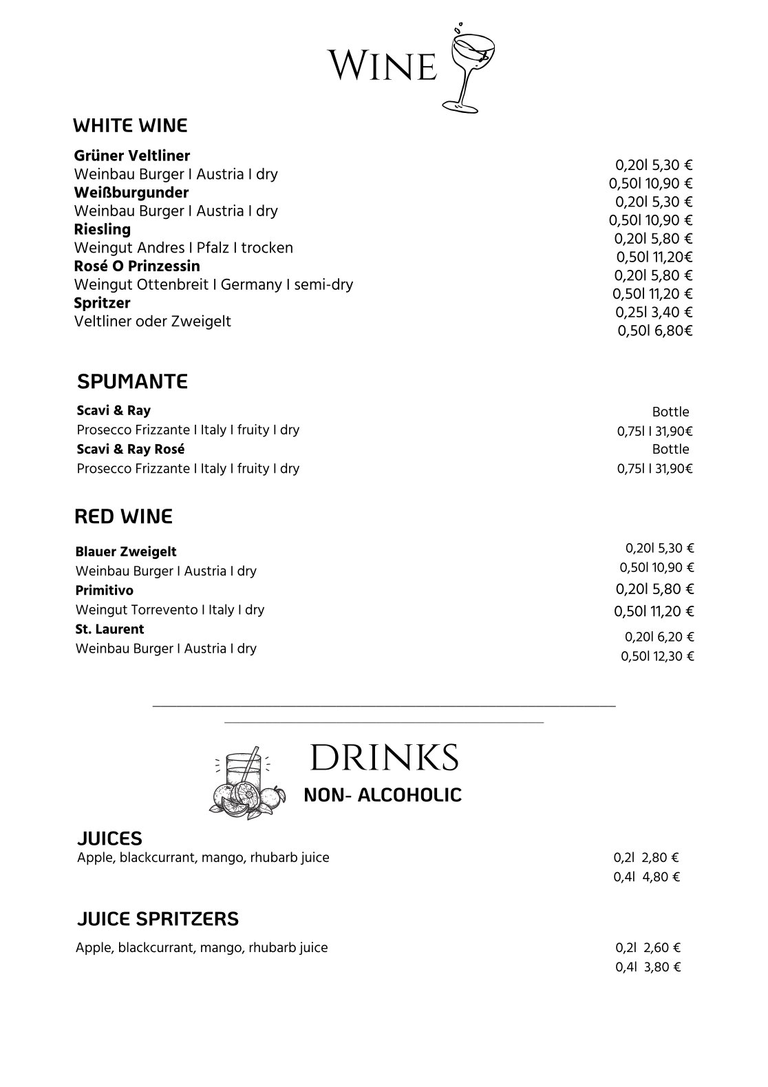 Drink menu of Camping Allweglehen, page 2 with an overview of available beverages