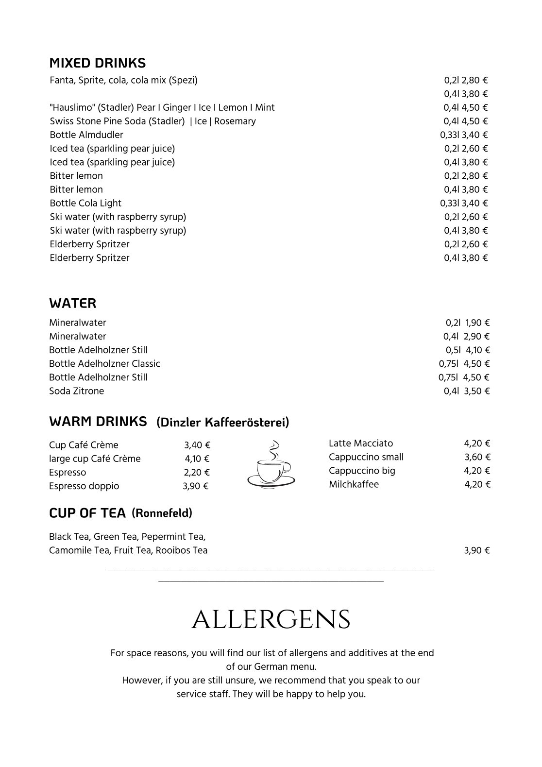 Drink menu of Camping Allweglehen, page 3 with an overview of available beverages