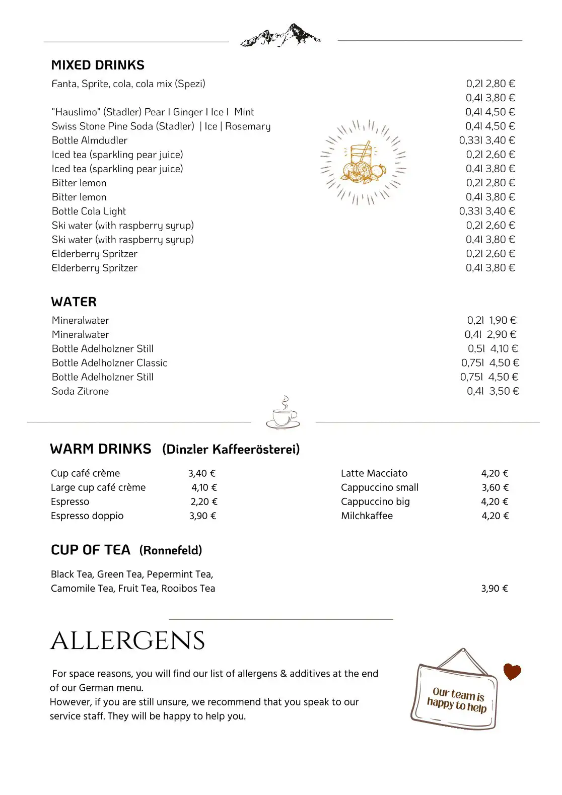 Drink menu of Camping Allweglehen, page 3 with an overview of available beverages