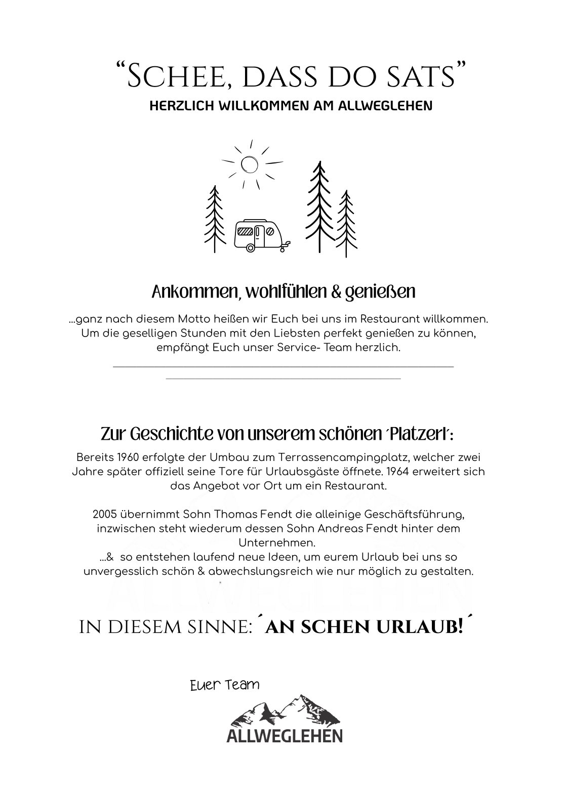 Speisekarte Camping Allweglehen, Seite 1 mit Übersicht der angebotenen Speisen