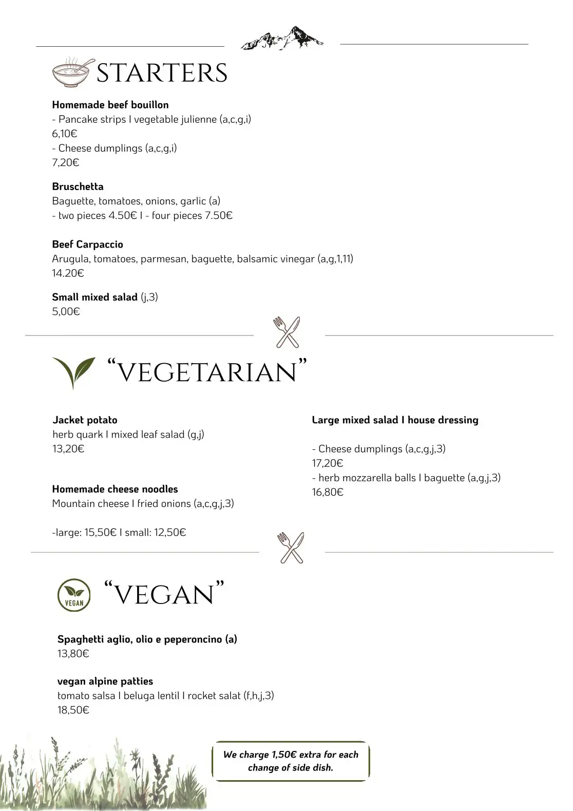 Camping Allweglehen menu, page 2 with an overview of available food